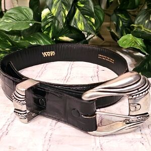 Vicenza Sport Calfskin Alligator Print Black Leather Belt With Silver Buckle 28